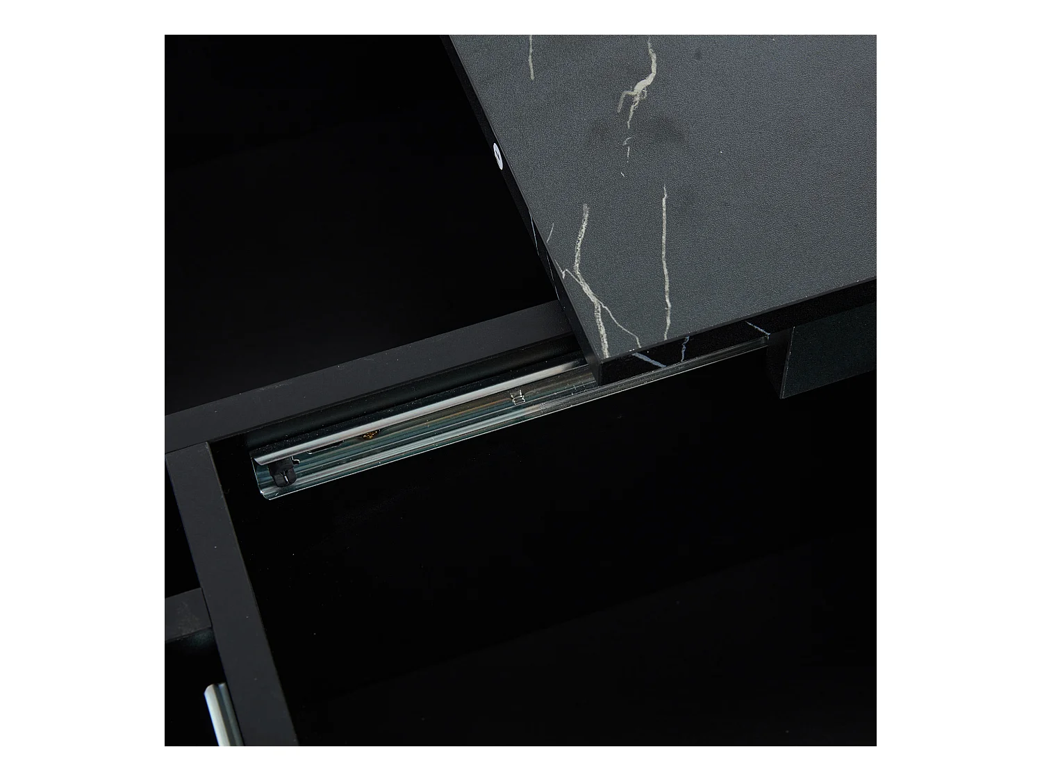 Table basse carrée moderne à effet marbre, panneau de particules, noir, avec 4 tiroirs et plateau coulissant (90x90x25cm)