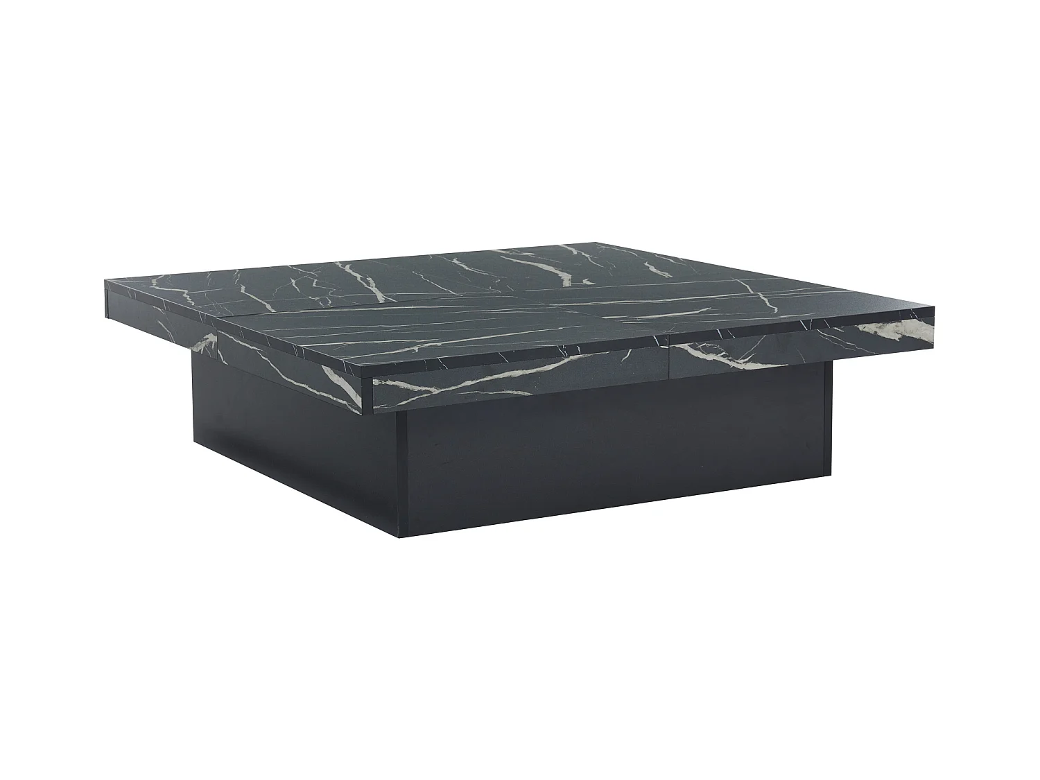 Table basse carrée moderne à effet marbre, panneau de particules, noir, avec 4 tiroirs et plateau coulissant (90x90x25cm)