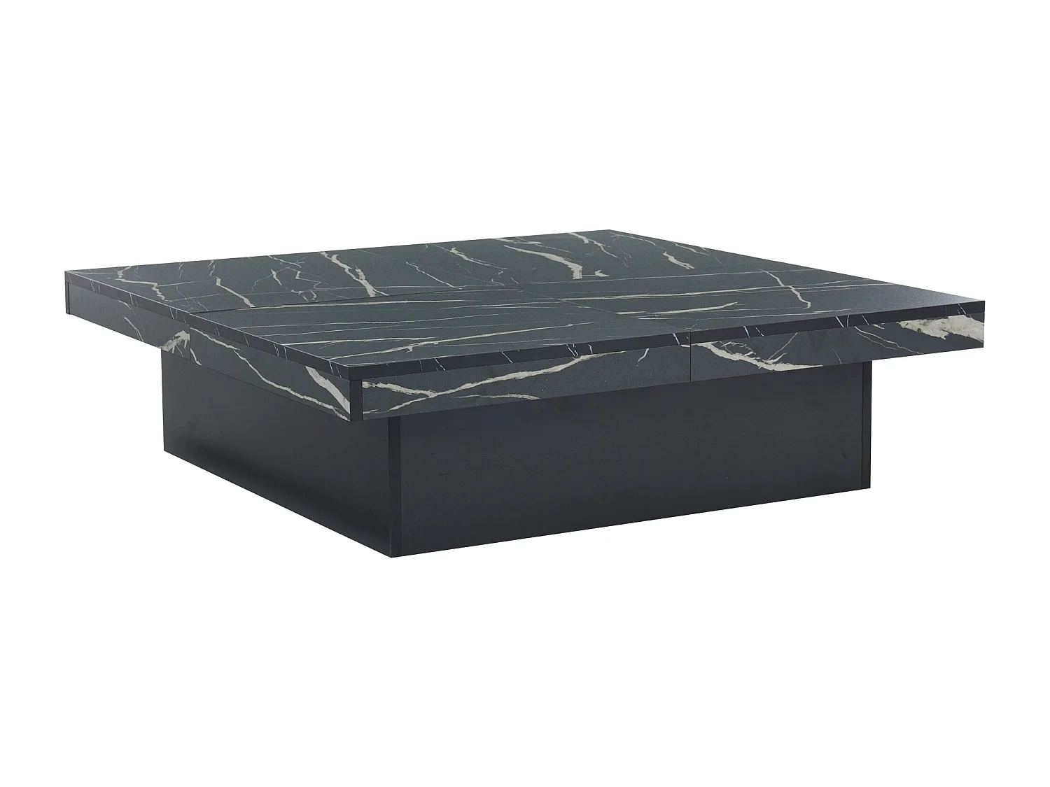 Table basse carrée moderne à effet marbre, panneau de particules, noir, avec 4 tiroirs et plateau coulissant (90x90x25cm)