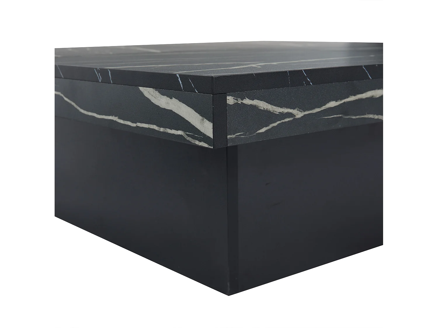 Table basse carrée moderne à effet marbre, panneau de particules, noir, avec 4 tiroirs et plateau coulissant (90x90x25cm)