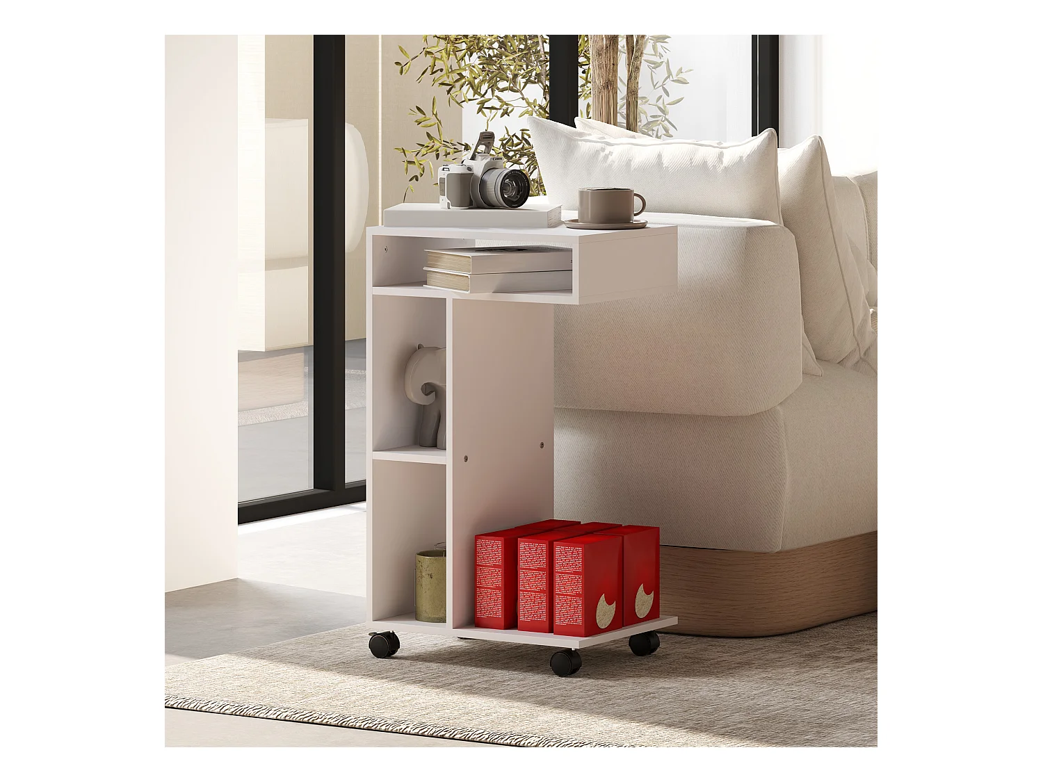 Table d'appoint multifonction avec roulettes, 4 étagères, contreplaqué mélaminé, blanc (40x30x69 cm)