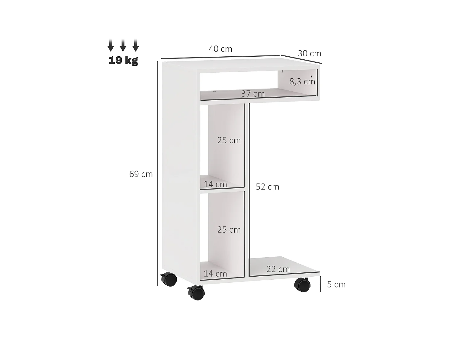 Table d'appoint multifonction avec roulettes, 4 étagères, contreplaqué mélaminé, blanc (40x30x69 cm)