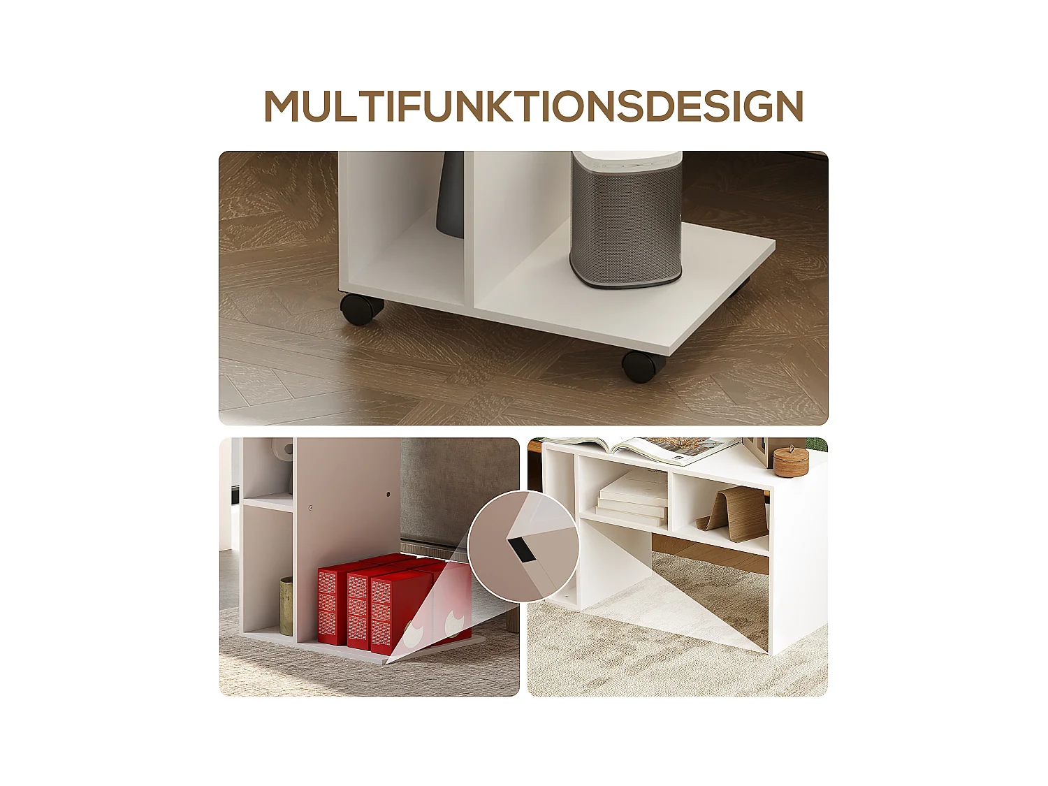 Table d'appoint multifonction avec roulettes, 4 étagères, contreplaqué mélaminé, blanc (40x30x69 cm)