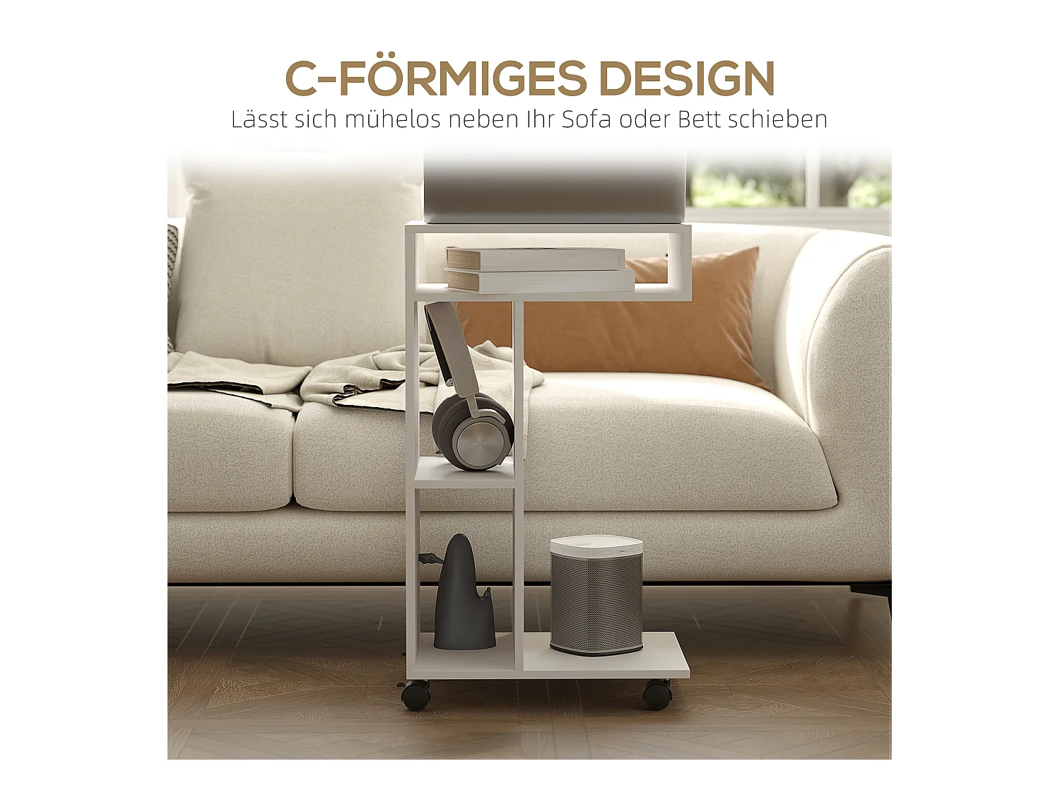 Table d'appoint multifonction avec roulettes, 4 étagères, contreplaqué mélaminé, blanc (40x30x69 cm)