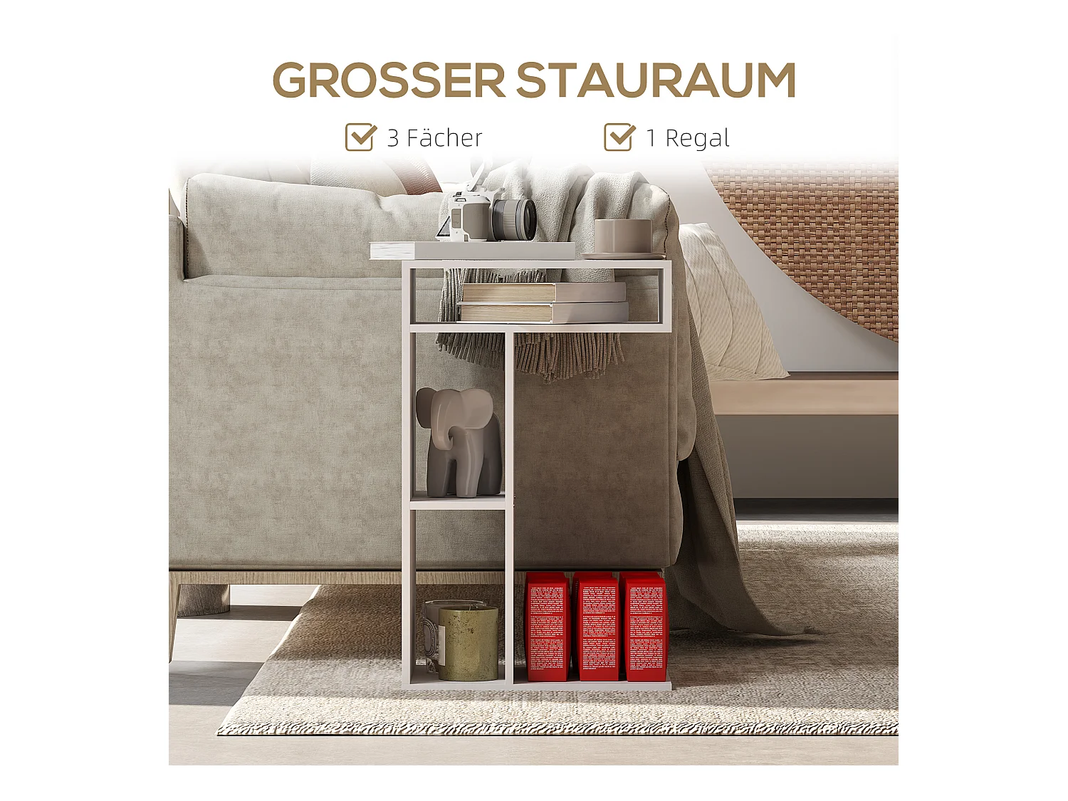 Table d'appoint multifonction avec roulettes, 4 étagères, contreplaqué mélaminé, blanc (40x30x69 cm)