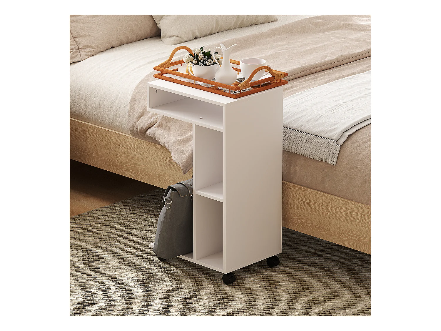 Table d'appoint multifonction avec roulettes, 4 étagères, contreplaqué mélaminé, blanc (40x30x69 cm)