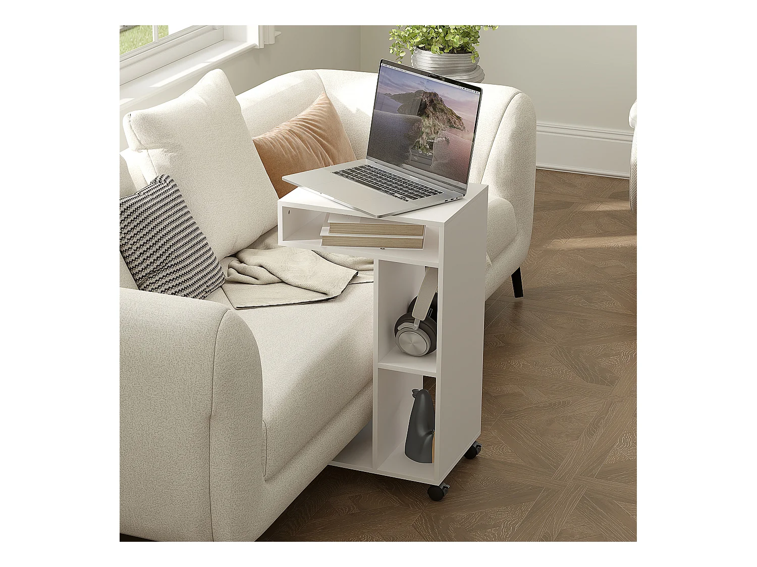 Table d'appoint multifonction avec roulettes, 4 étagères, contreplaqué mélaminé, blanc (40x30x69 cm)