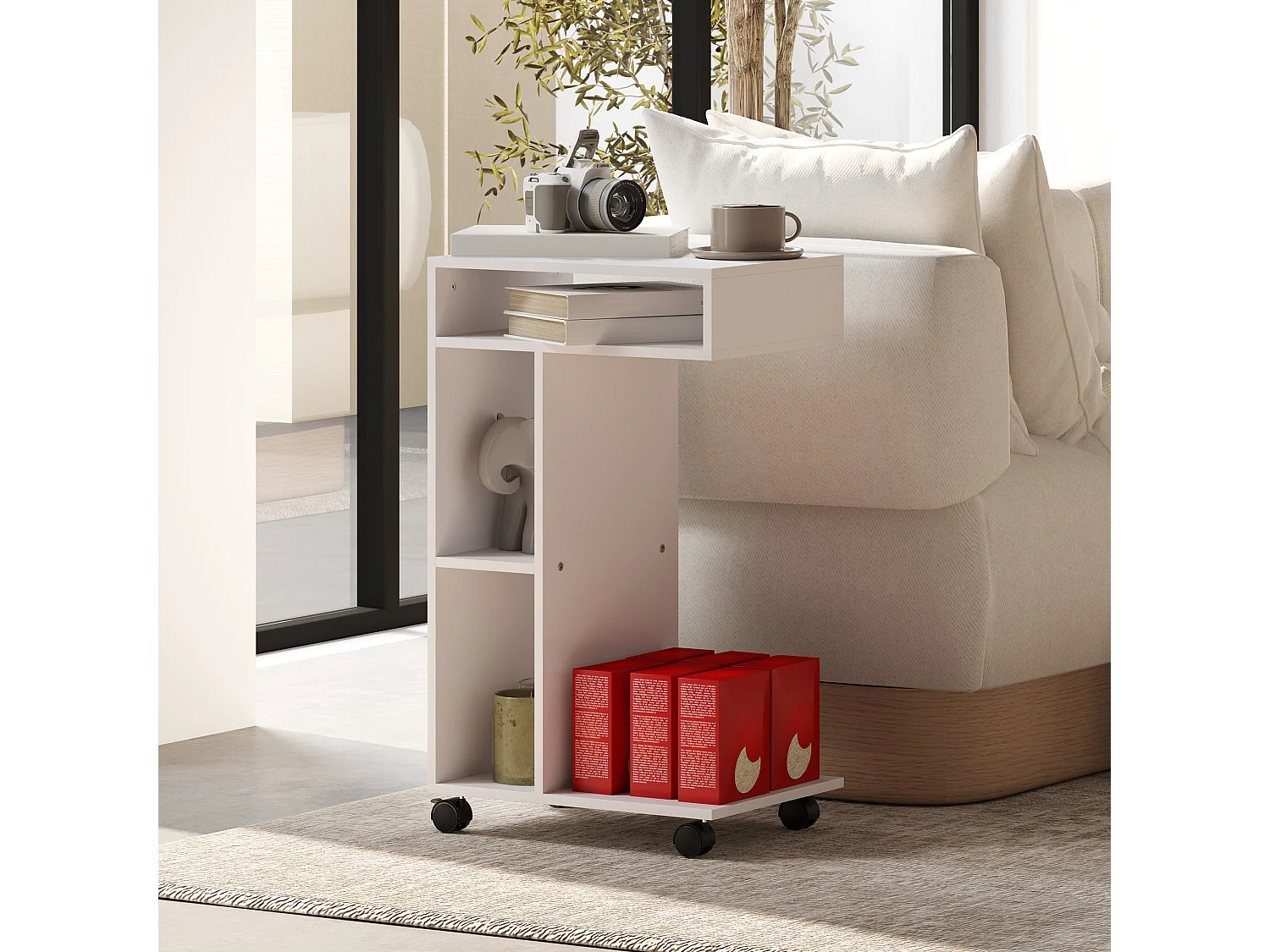 Table d'appoint multifonction avec roulettes, 4 étagères, contreplaqué mélaminé, blanc (40x30x69 cm)