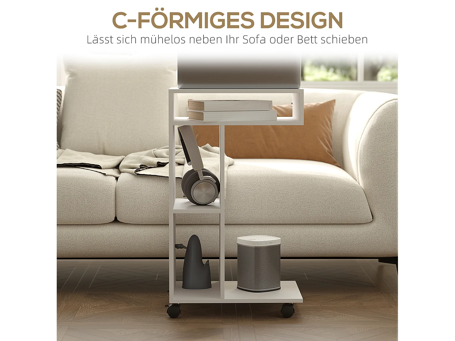 Table d'appoint multifonction avec roulettes, 4 étagères, contreplaqué mélaminé, blanc (40x30x69 cm)