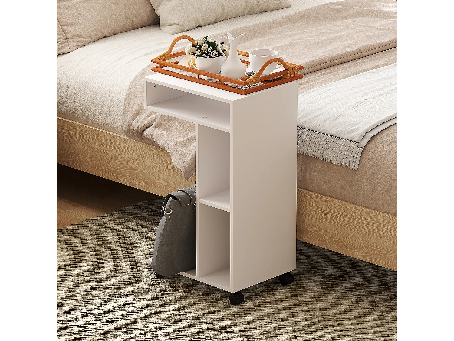 Table d'appoint multifonction avec roulettes, 4 étagères, contreplaqué mélaminé, blanc (40x30x69 cm)