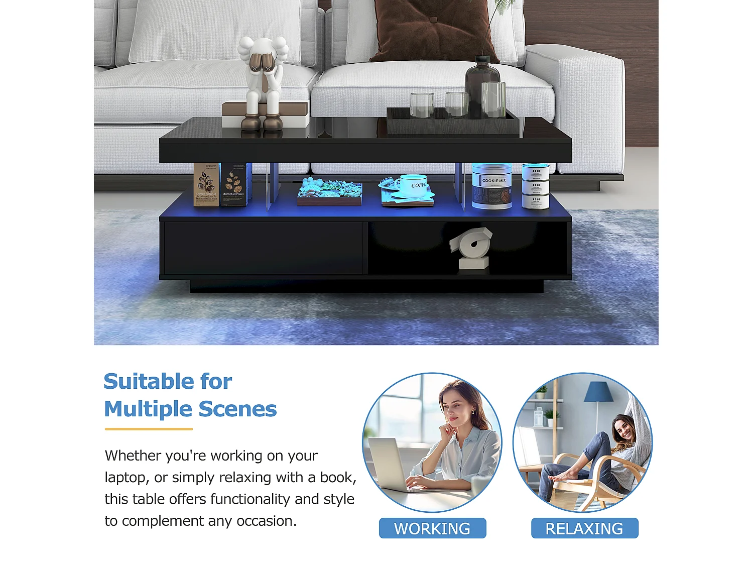 Table basse noire brillante avec 4 plateaux verre, 2 tiroirs et 2 niches, panneaux de particules (95x50x42.5cm)