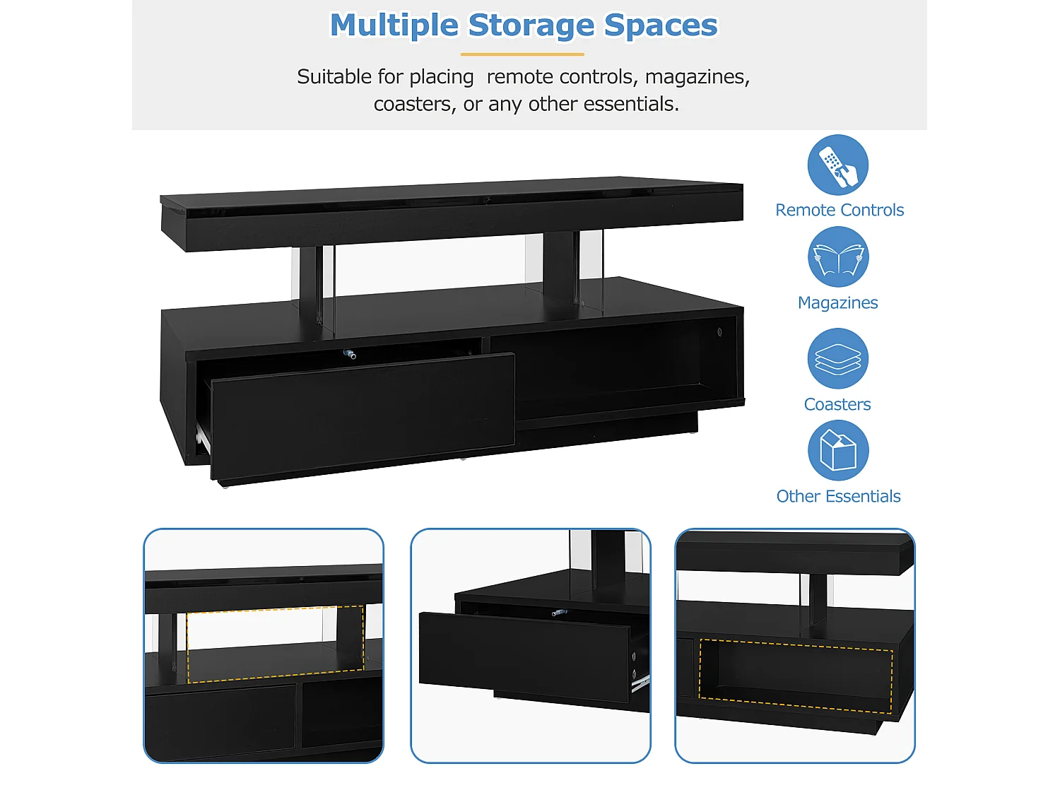 Table basse noire brillante avec 4 plateaux verre, 2 tiroirs et 2 niches, panneaux de particules (95x50x42.5cm)