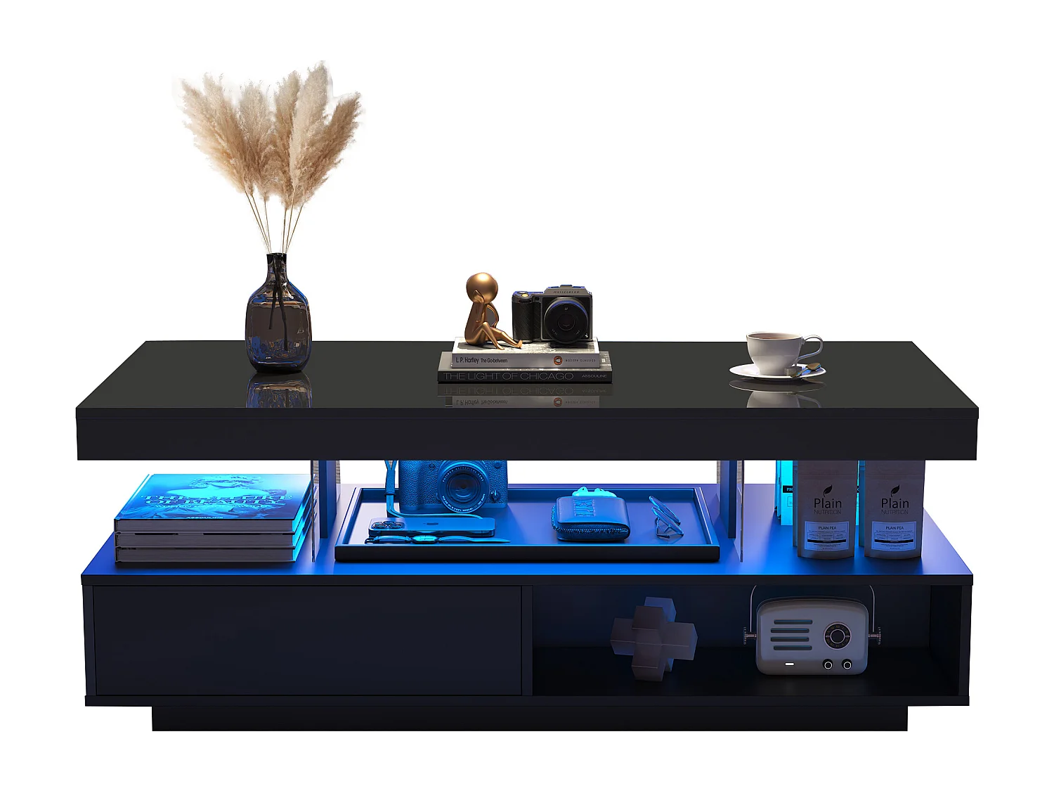 Table basse noire brillante avec 4 plateaux verre, 2 tiroirs et 2 niches, panneaux de particules (95x50x42.5cm)