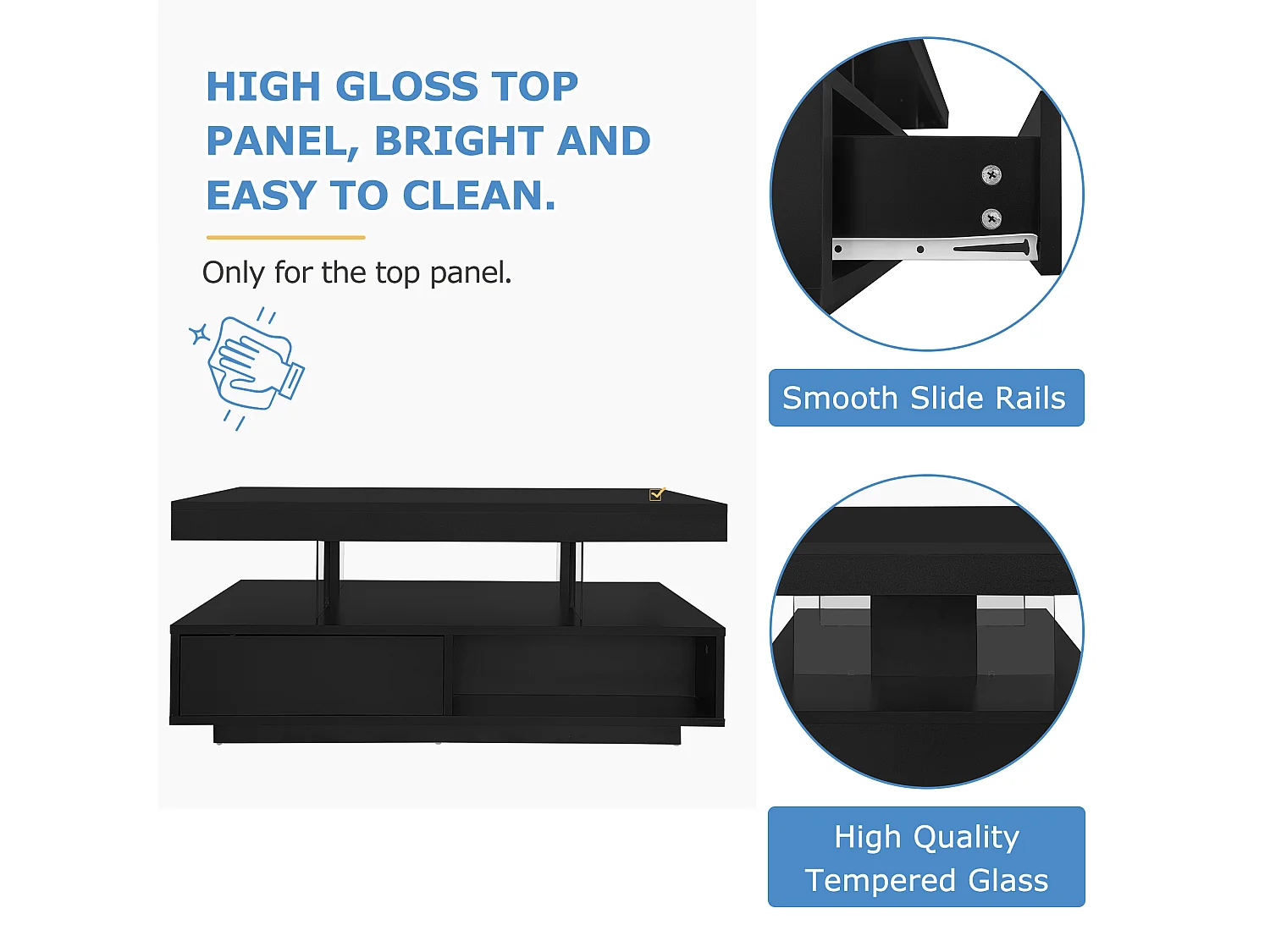 Table basse noire brillante avec 4 plateaux verre, 2 tiroirs et 2 niches, panneaux de particules (95x50x42.5cm)