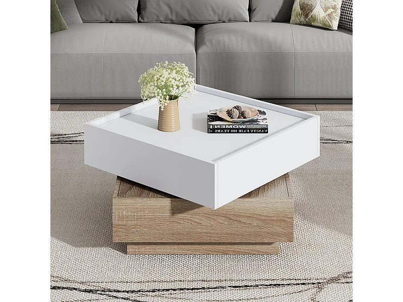 Tavolino girevole a 360° con 2 ripiani, in truciolato, bianco e noce (60x60x38 cm)