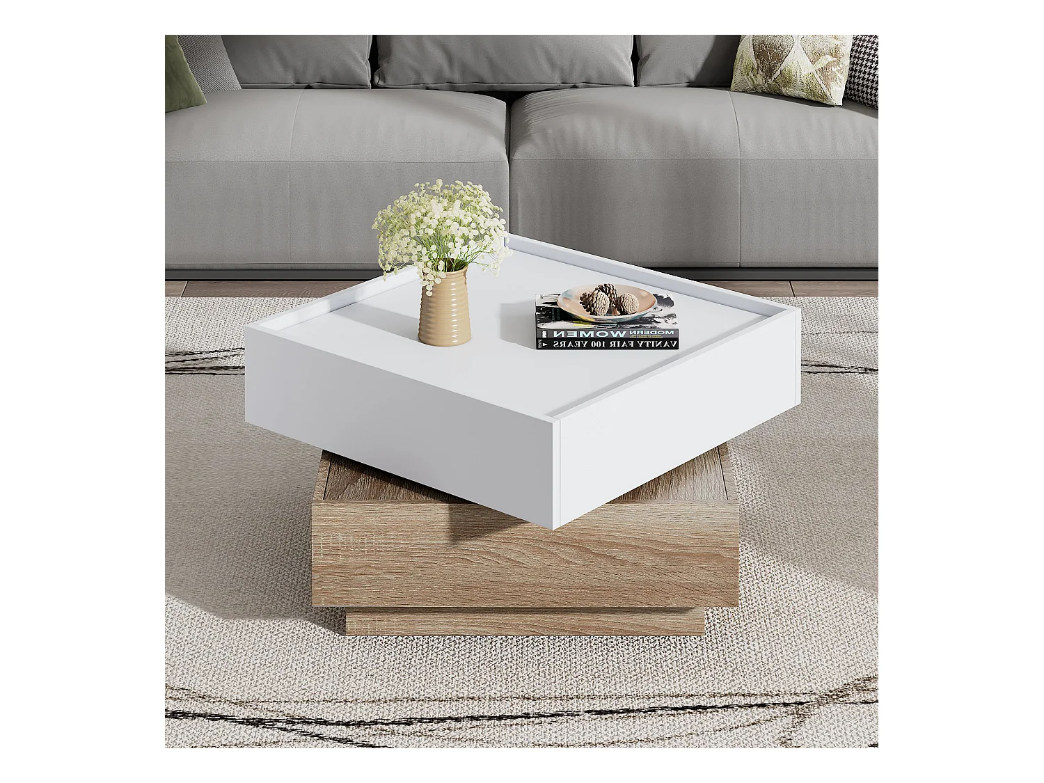 Table basse rotative 360° à 2 niveaux, panneaux de particules, blanc et noyer (60x60x38cm)