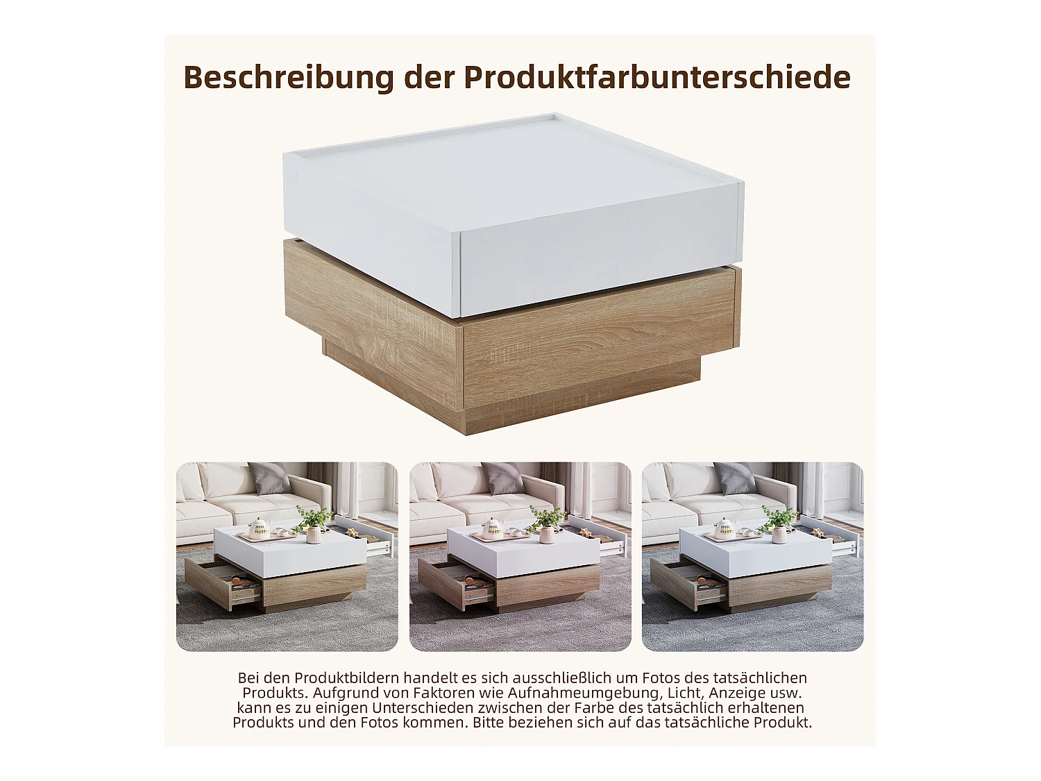 Table basse rotative 360° à 2 niveaux, panneaux de particules, blanc et noyer (60x60x38cm)