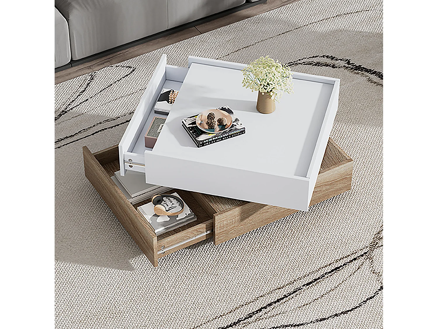 Table basse rotative 360° à 2 niveaux, panneaux de particules, blanc et noyer (60x60x38cm)