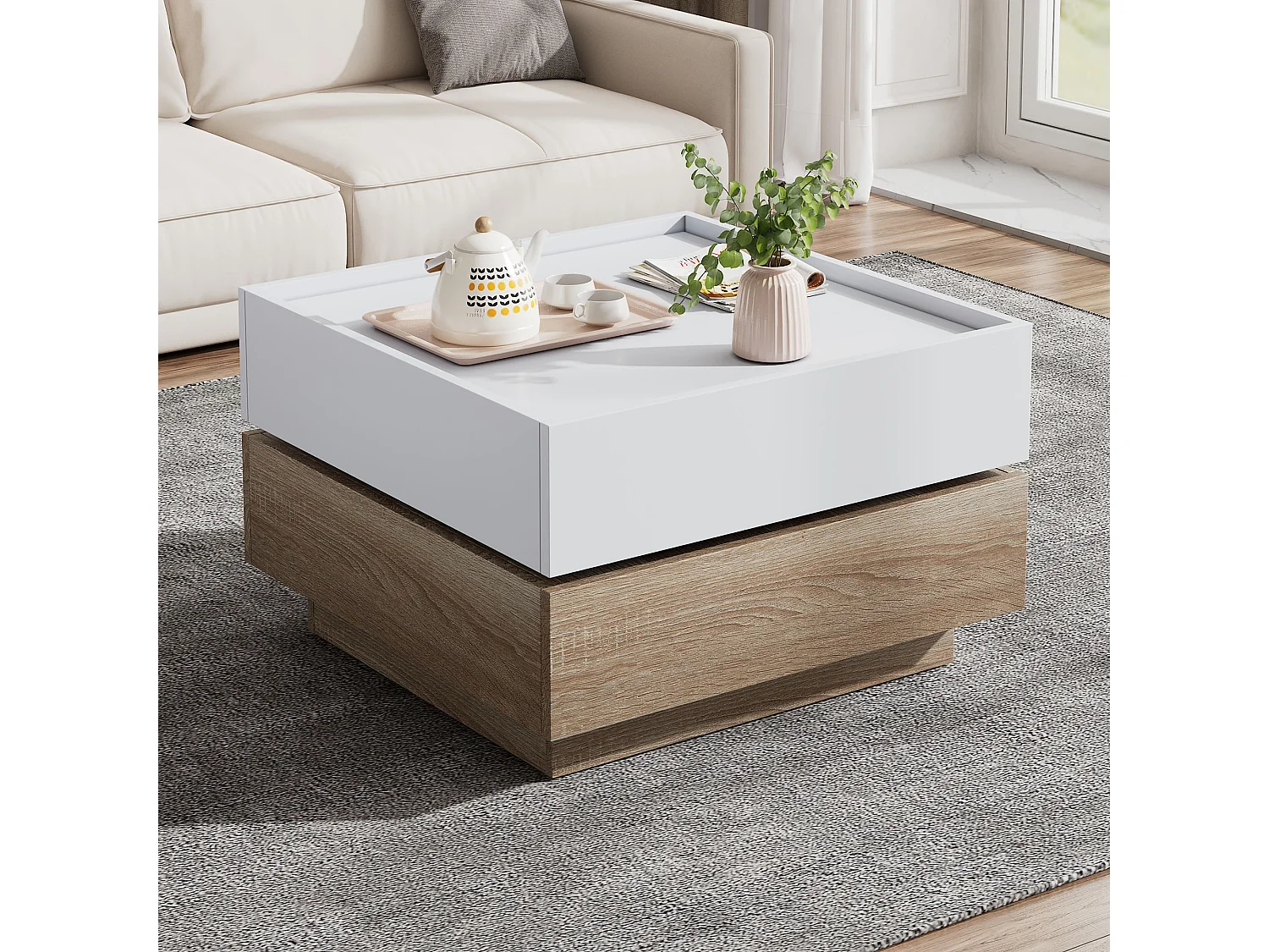 Table basse rotative 360° à 2 niveaux, panneaux de particules, blanc et noyer (60x60x38cm)