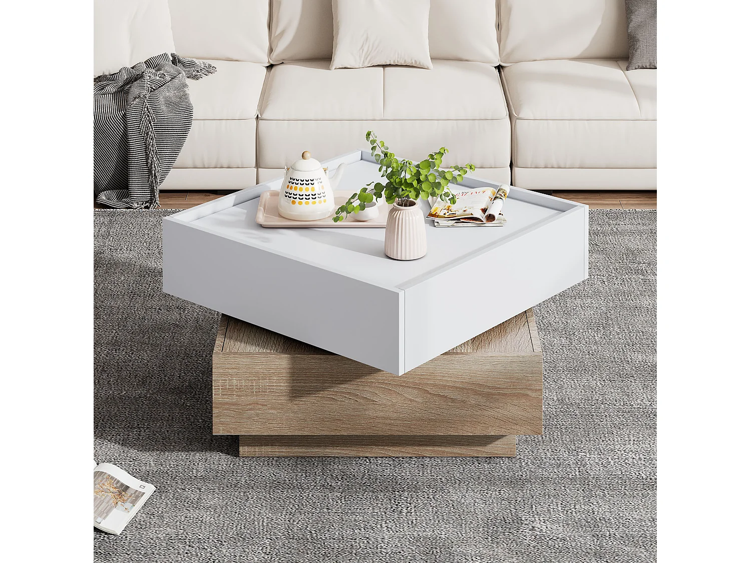 Table basse rotative 360° à 2 niveaux, panneaux de particules, blanc et noyer (60x60x38cm)