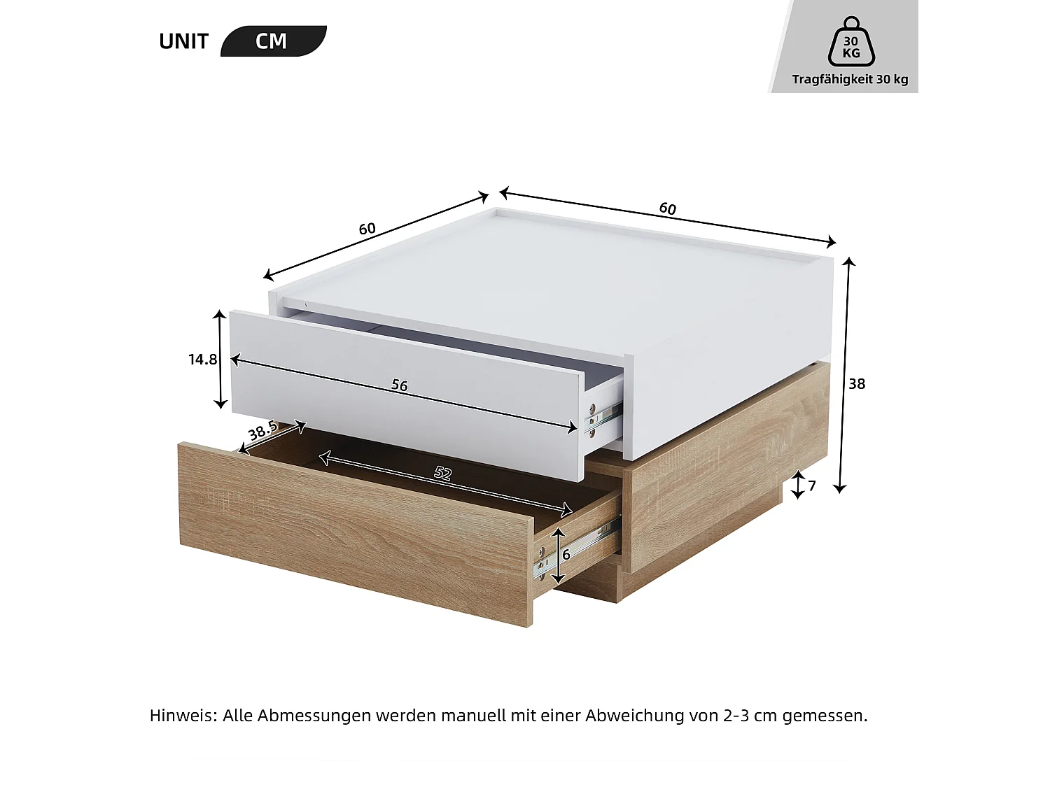 Table basse rotative 360° à 2 niveaux, panneaux de particules, blanc et noyer (60x60x38cm)