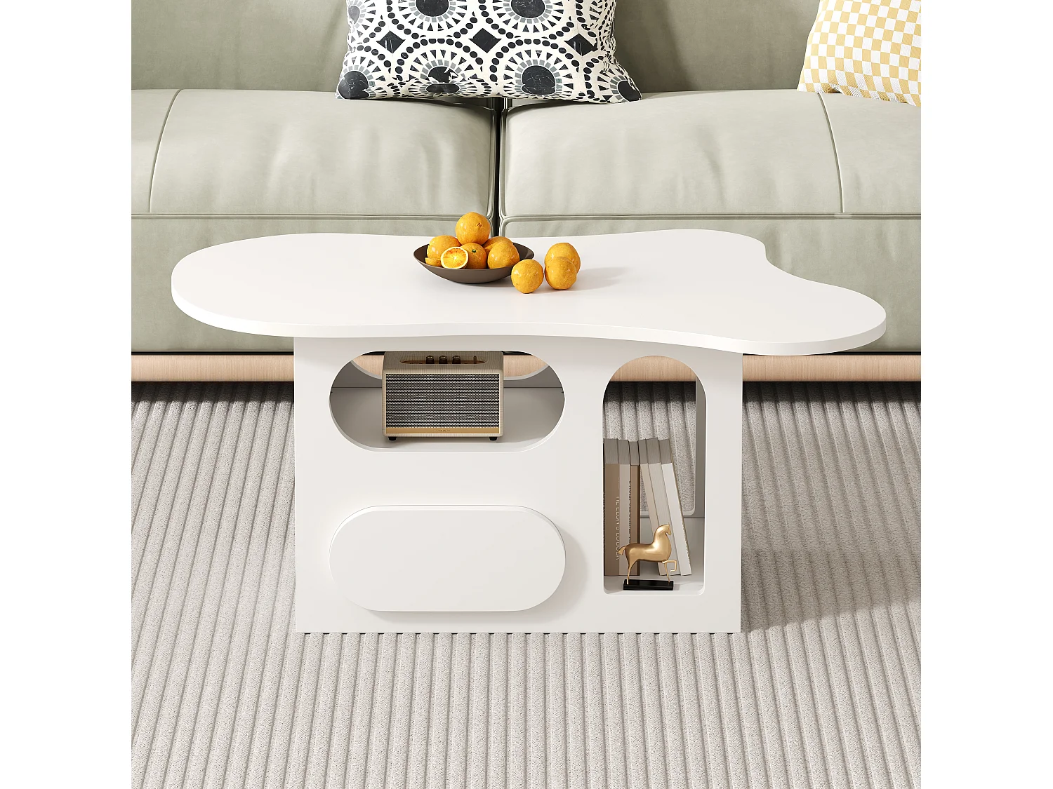 Wolkvormige salontafel met lades en open planken, spaanplaat, wit (97x45x43,5cm)