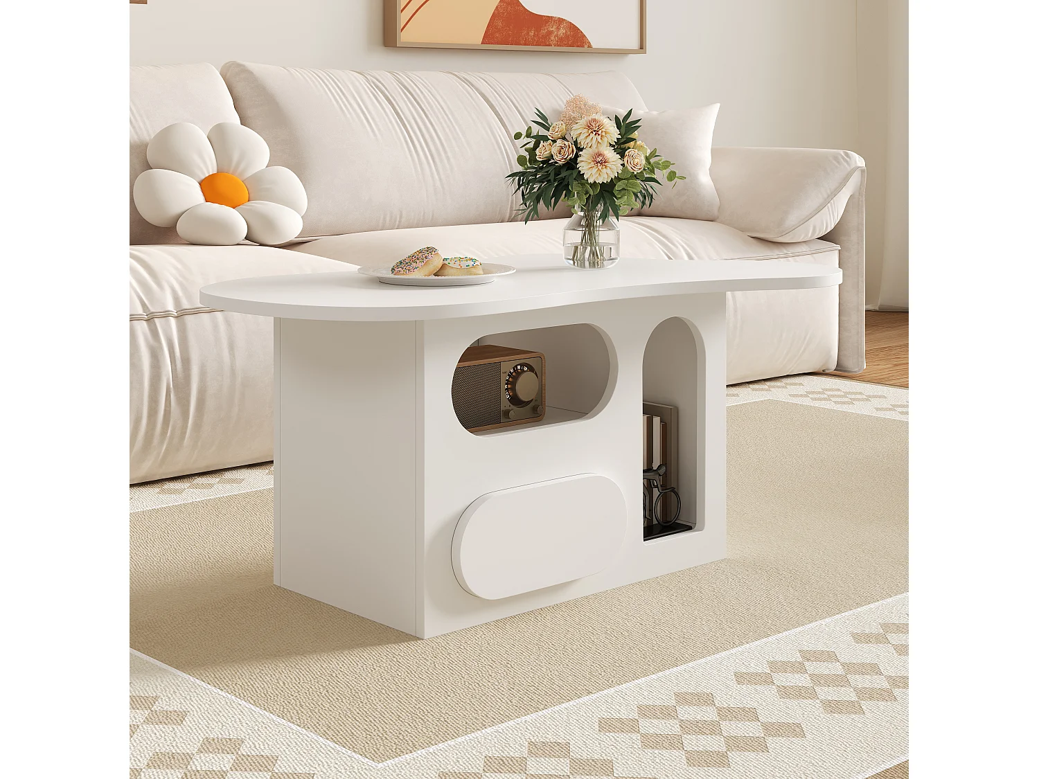 Wolkvormige salontafel met lades en open planken, spaanplaat, wit (97x45x43,5cm)