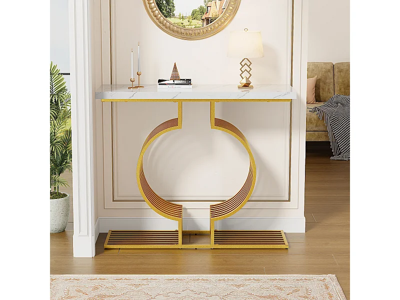Table basse moderne, design blanc laqué avec pied doré, MDF (100x35x80 cm)