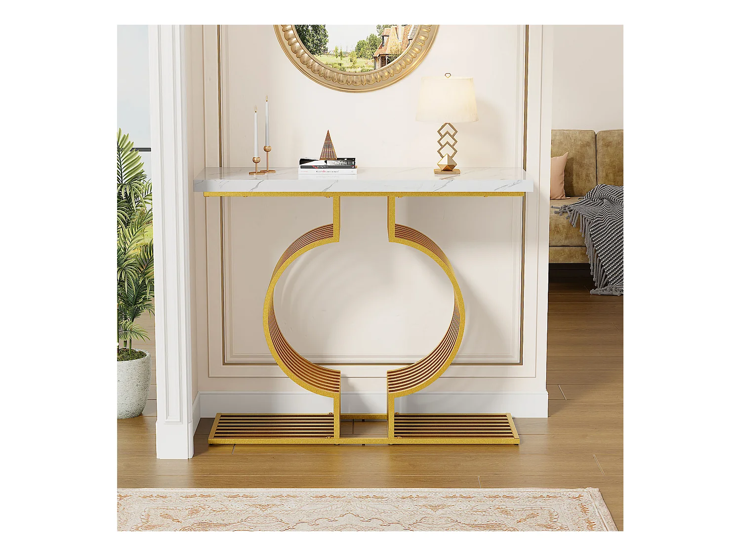 Table basse moderne, design blanc laqué avec pied doré, MDF (100x35x80 cm)