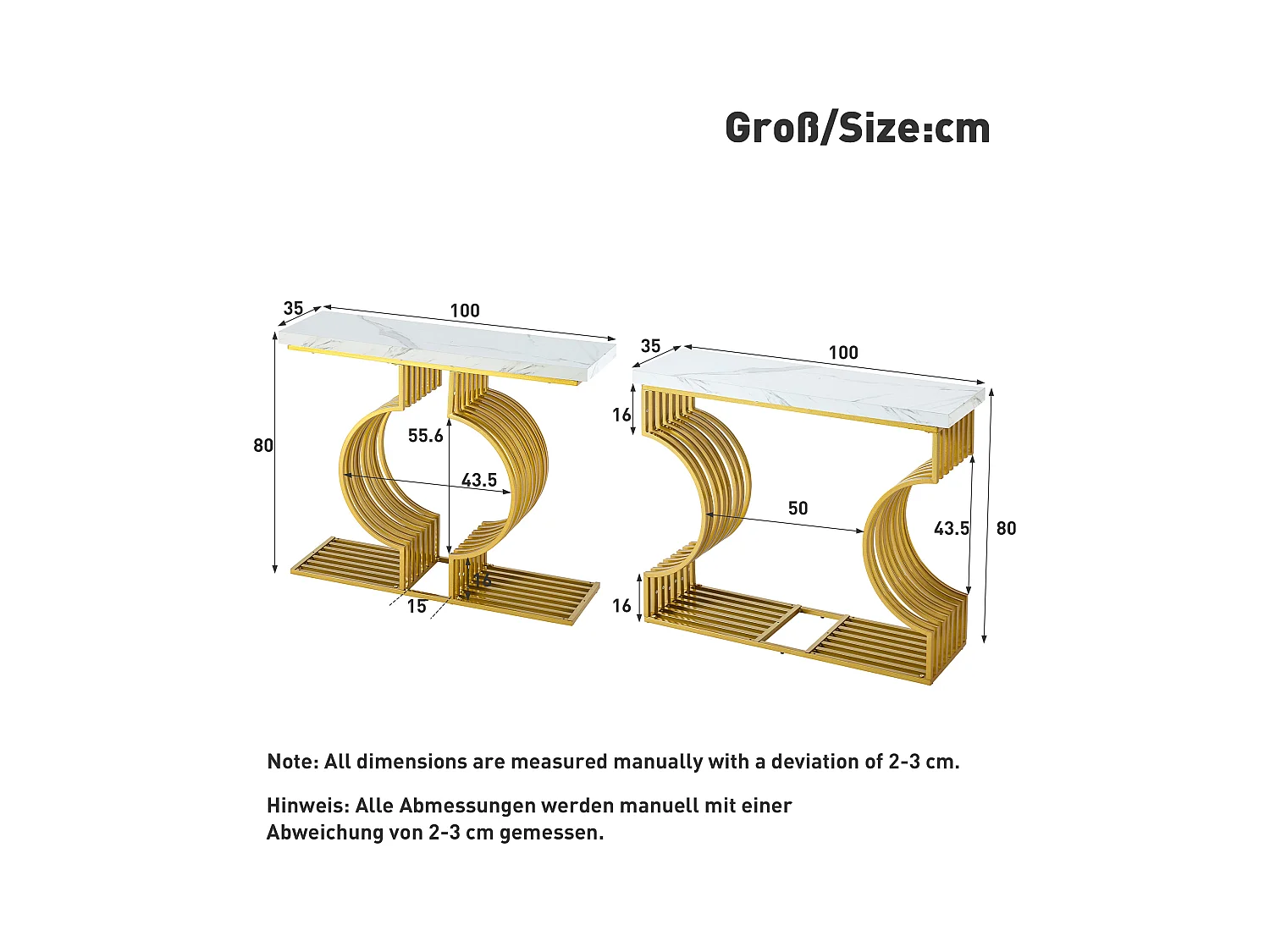 Table basse moderne, design blanc laqué avec pied doré, MDF (100x35x80 cm)