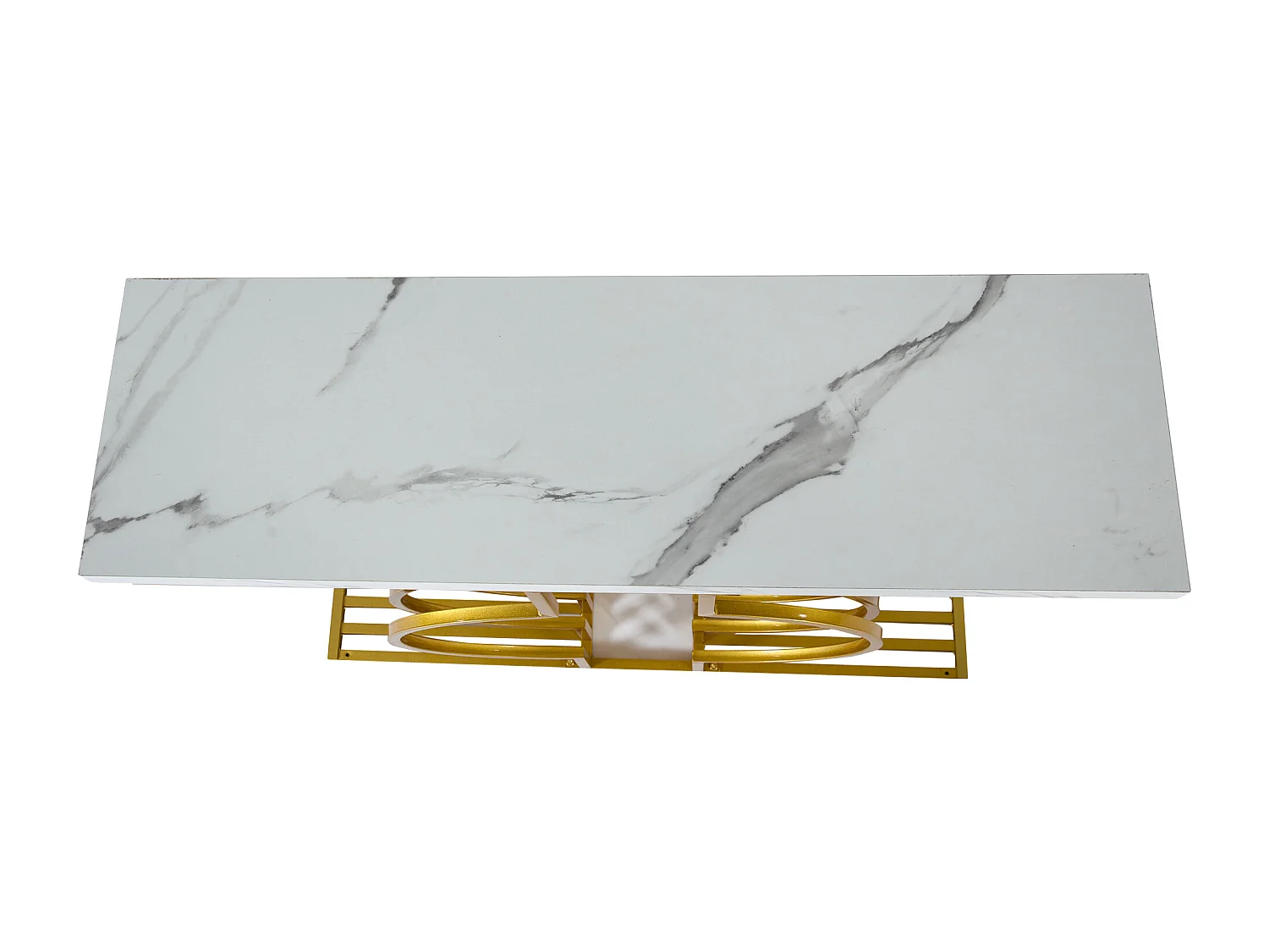 Table basse moderne, design blanc laqué avec pied doré, MDF (100x35x80 cm)