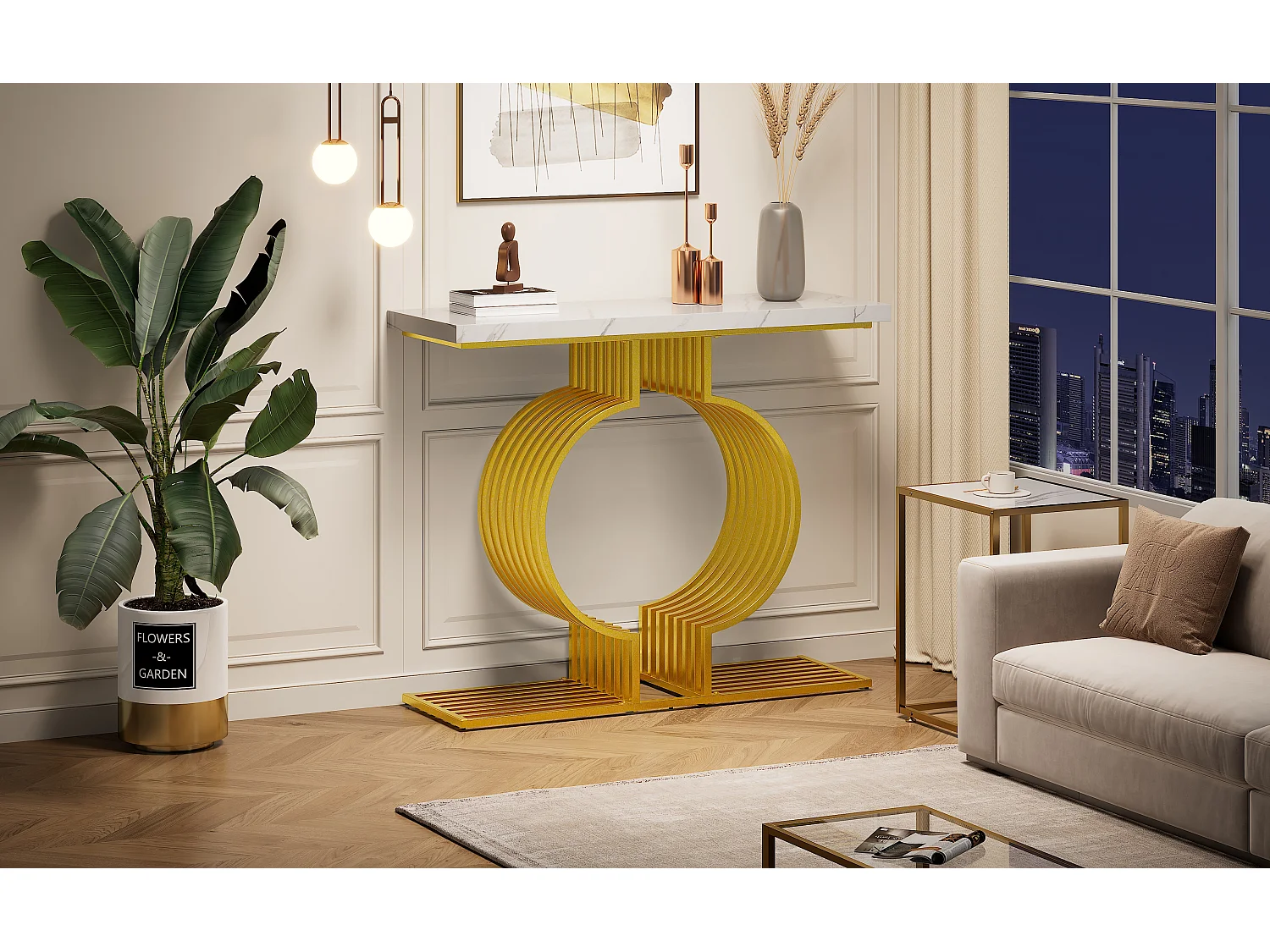 Table basse moderne, design blanc laqué avec pied doré, MDF (100x35x80 cm)