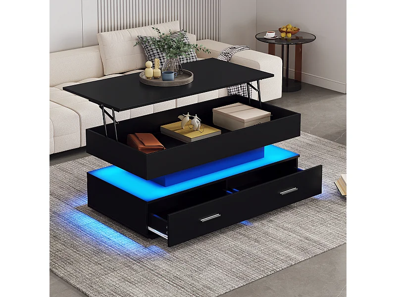 Mesa de centro regulable con LED, 100x50x44 cm, con 2 cajones y espacio de almacenaje, control Bluetooth, color negro