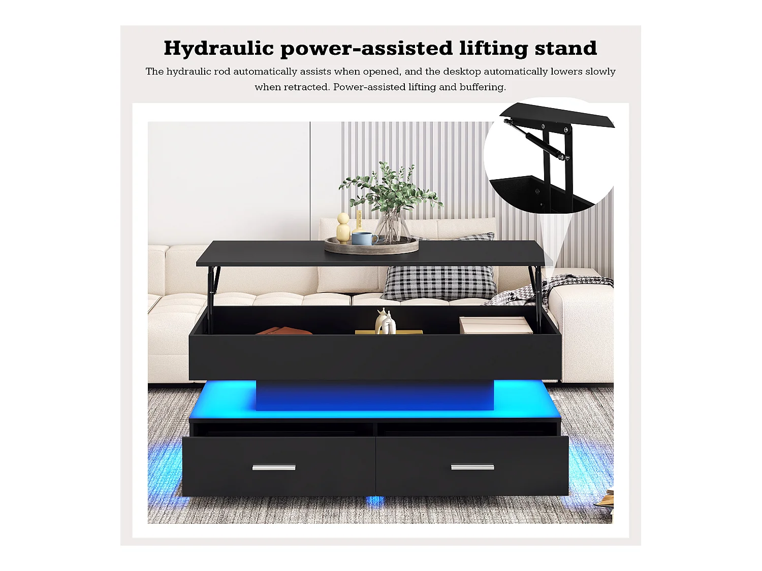 Table basse réglable avec LED, 100x50x44 cm, avec 2 tiroirs et espace de rangement, contrôle via Bluetooth, couleur noire