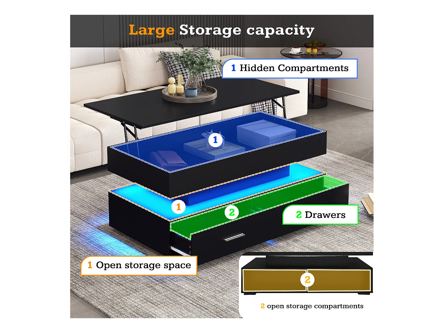 Table basse réglable avec LED, 100x50x44 cm, avec 2 tiroirs et espace de rangement, contrôle via Bluetooth, couleur noire