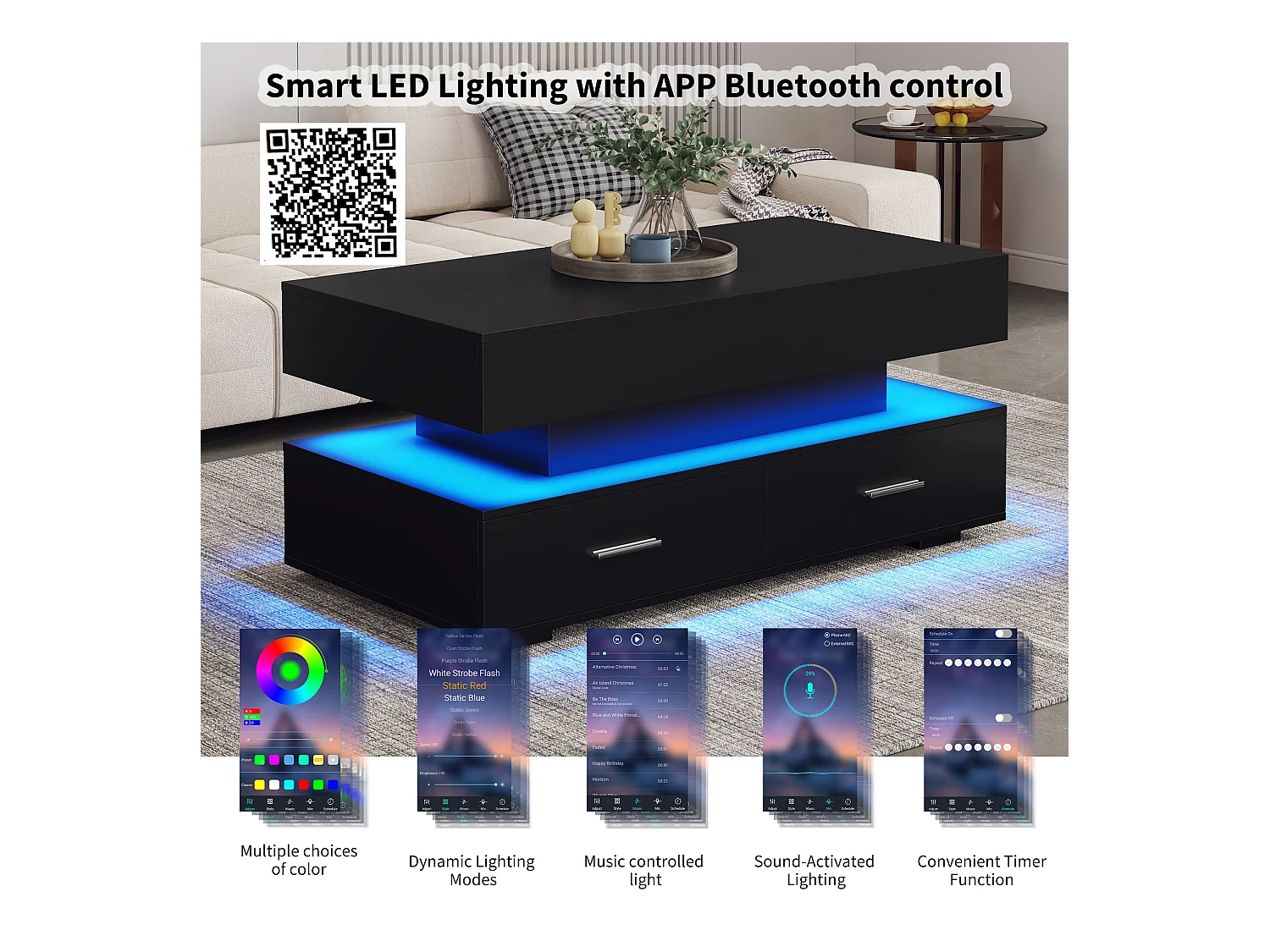 Table basse réglable avec LED, 100x50x44 cm, avec 2 tiroirs et espace de rangement, contrôle via Bluetooth, couleur noire