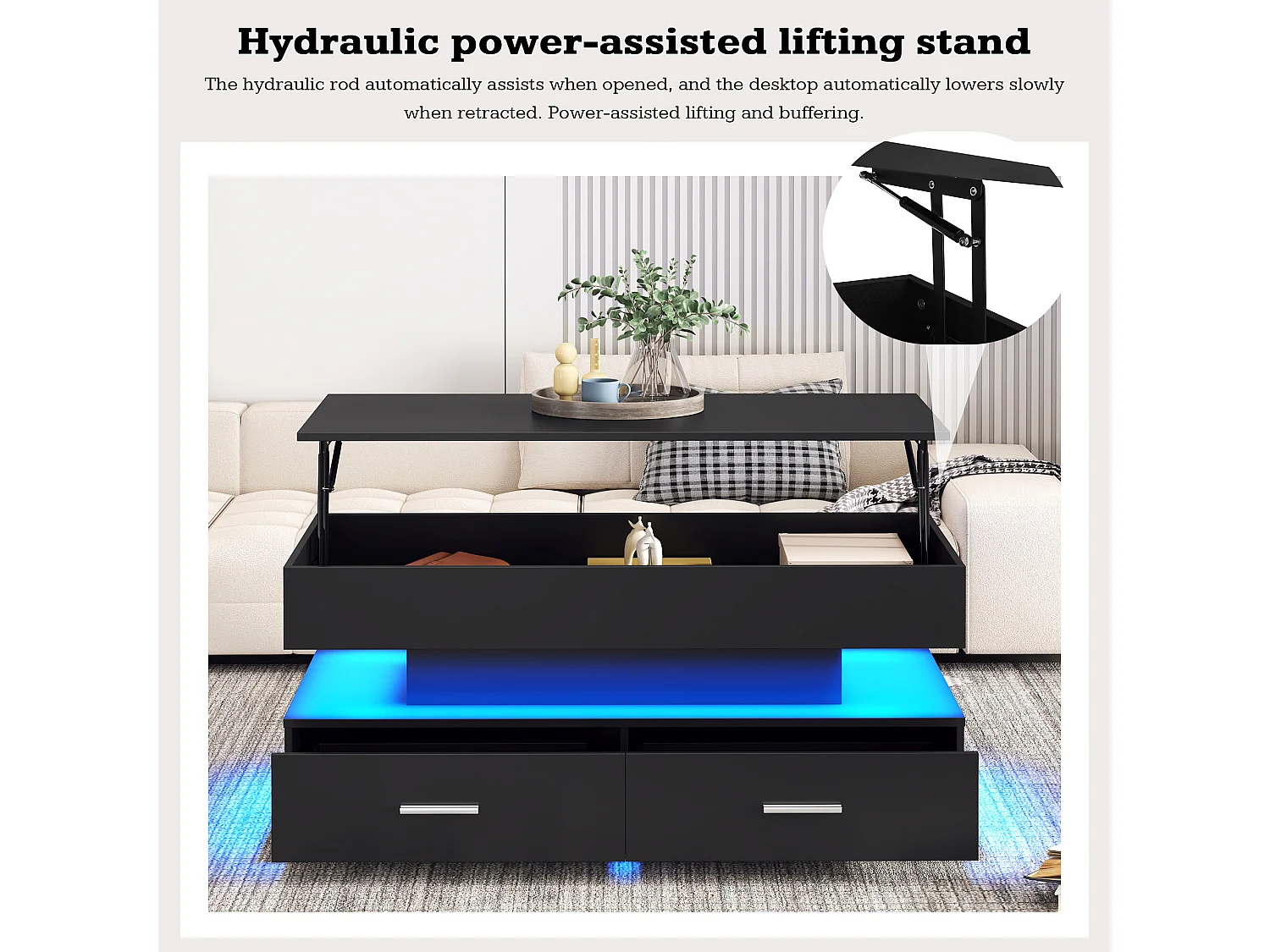 Table basse réglable avec LED, 100x50x44 cm, avec 2 tiroirs et espace de rangement, contrôle via Bluetooth, couleur noire