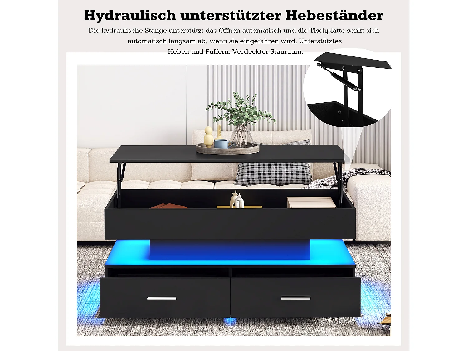 Table basse réglable avec LED, 100x50x44 cm, avec 2 tiroirs et espace de rangement, contrôle via Bluetooth, couleur noire