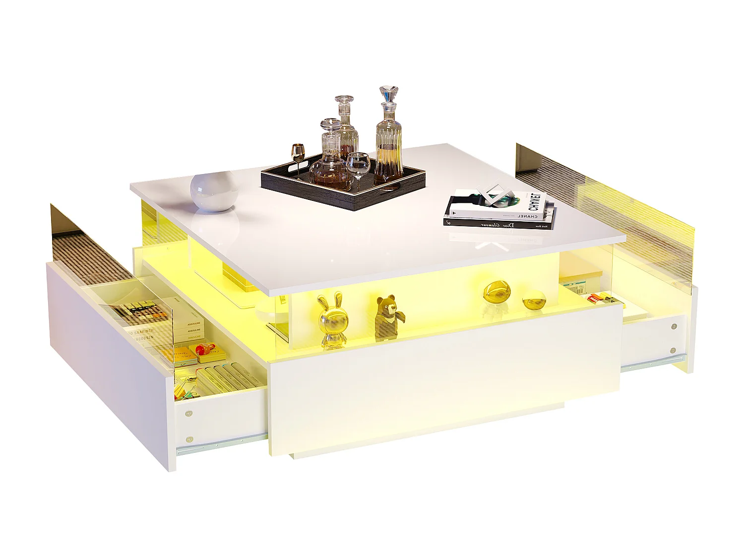 Tavolino moderno con illuminazione a LED, 2 cassetti, pannello in acrilico trasparente, materiali MDF, bianco (70x70x41 cm)