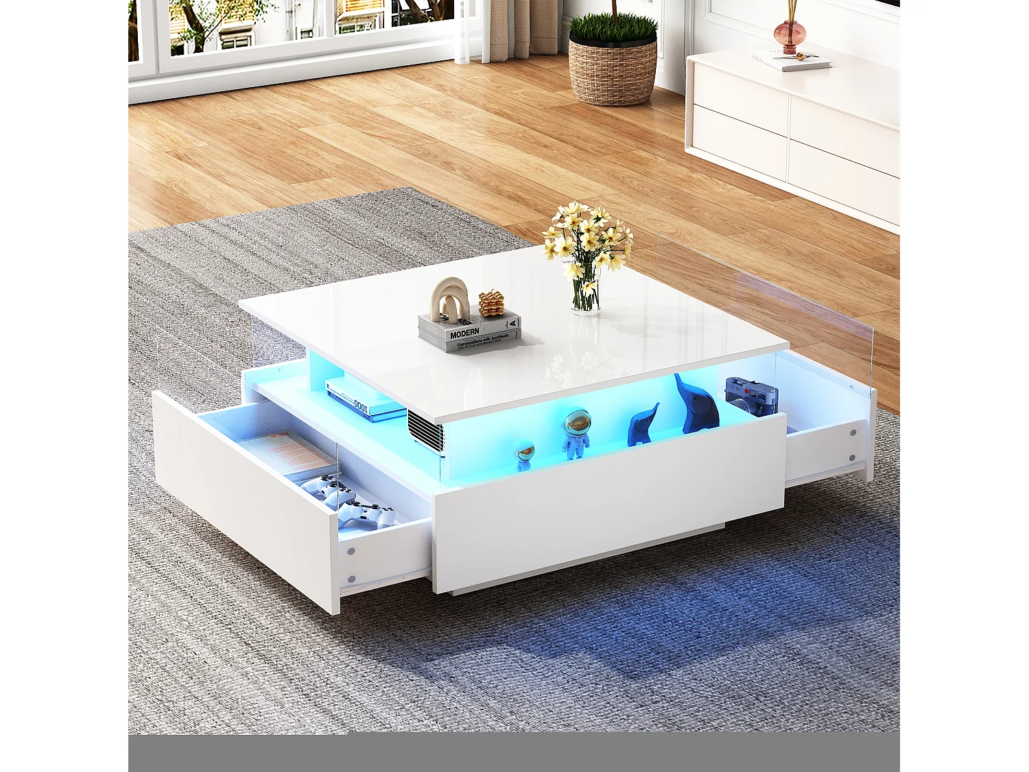 Table basse moderne avec éclairage LED, 2 tiroirs, panneau acrylique transparent, matériaux MDF, blanc (70x70x41 cm)