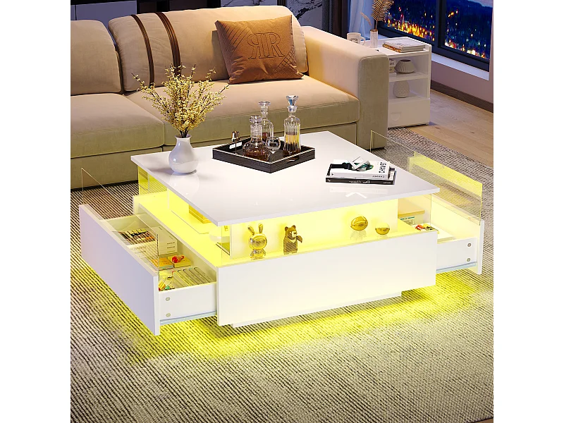 Table basse moderne avec éclairage LED, 2 tiroirs, panneau acrylique transparent, matériaux MDF, blanc (70x70x41 cm)