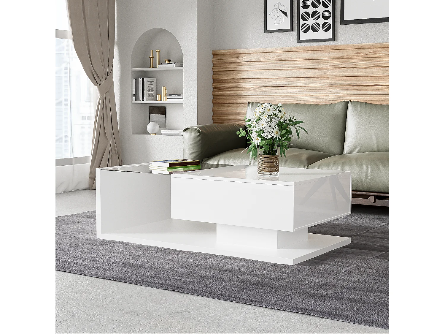 Table basse design moderne, plateau verre trempé avec effet LED, panneau de particules laqué blanc brillant (105x55x32.5 cm)