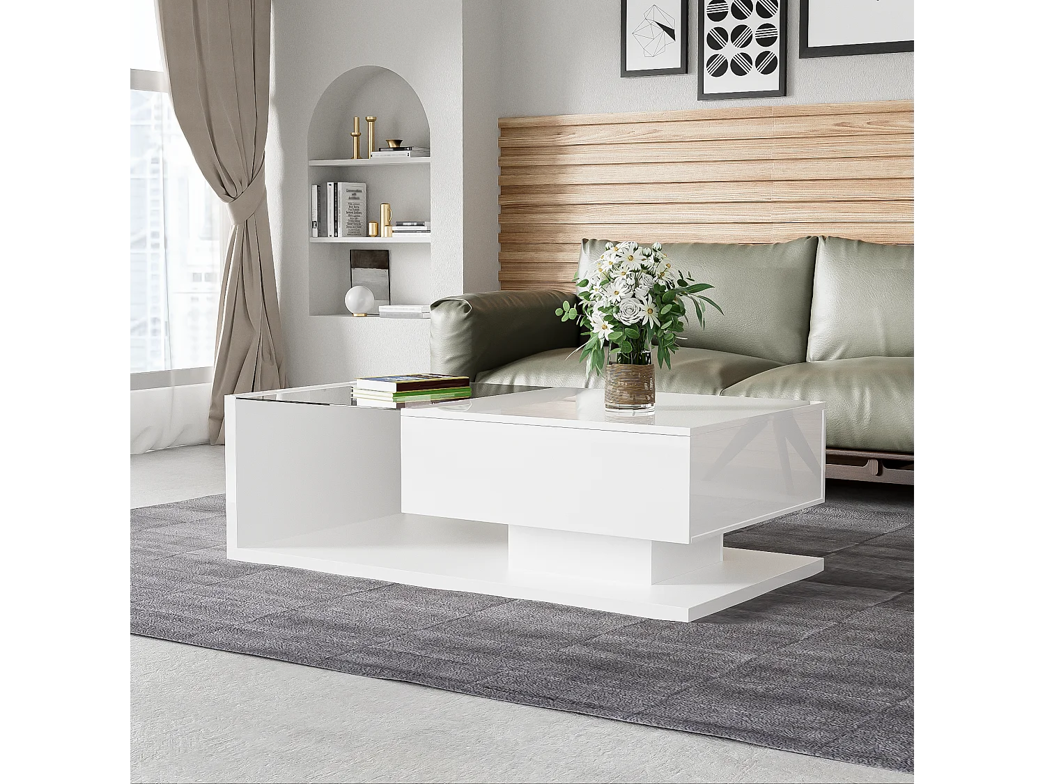 Table basse design moderne, plateau verre trempé avec effet LED, panneau de particules laqué blanc brillant (105x55x32.5 cm)