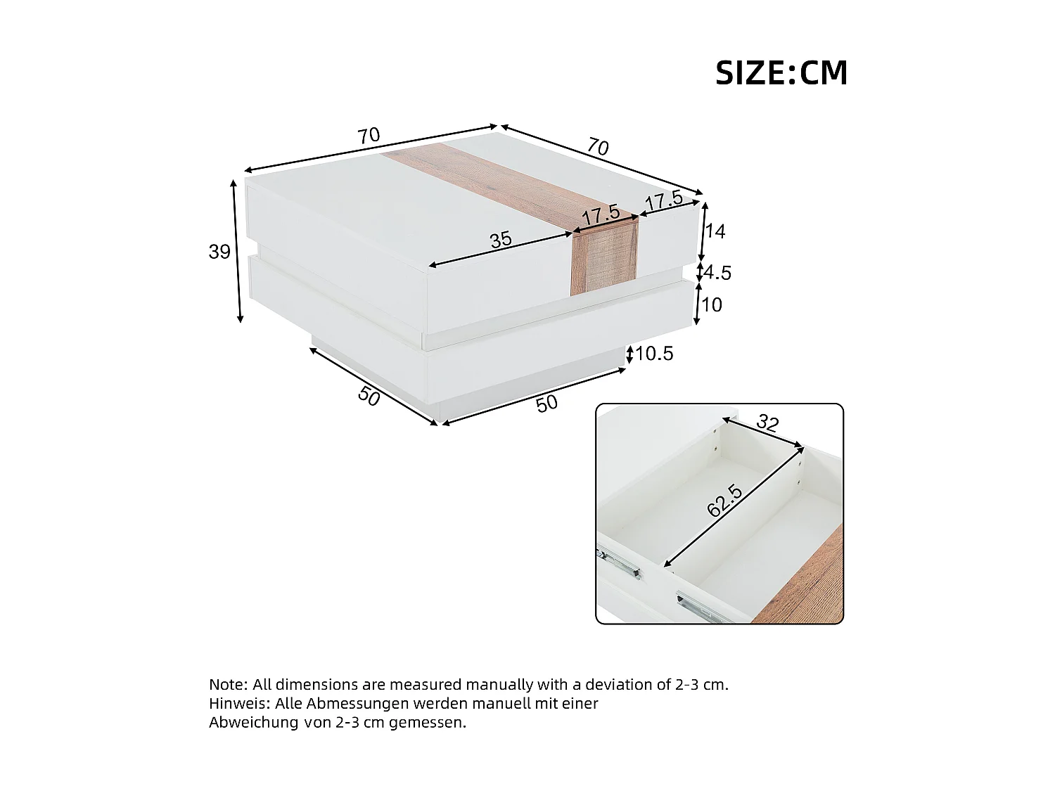 Table basse blanche avec plateau extensible, rangement caché, 2 compartiments, (70x70x39 cm)