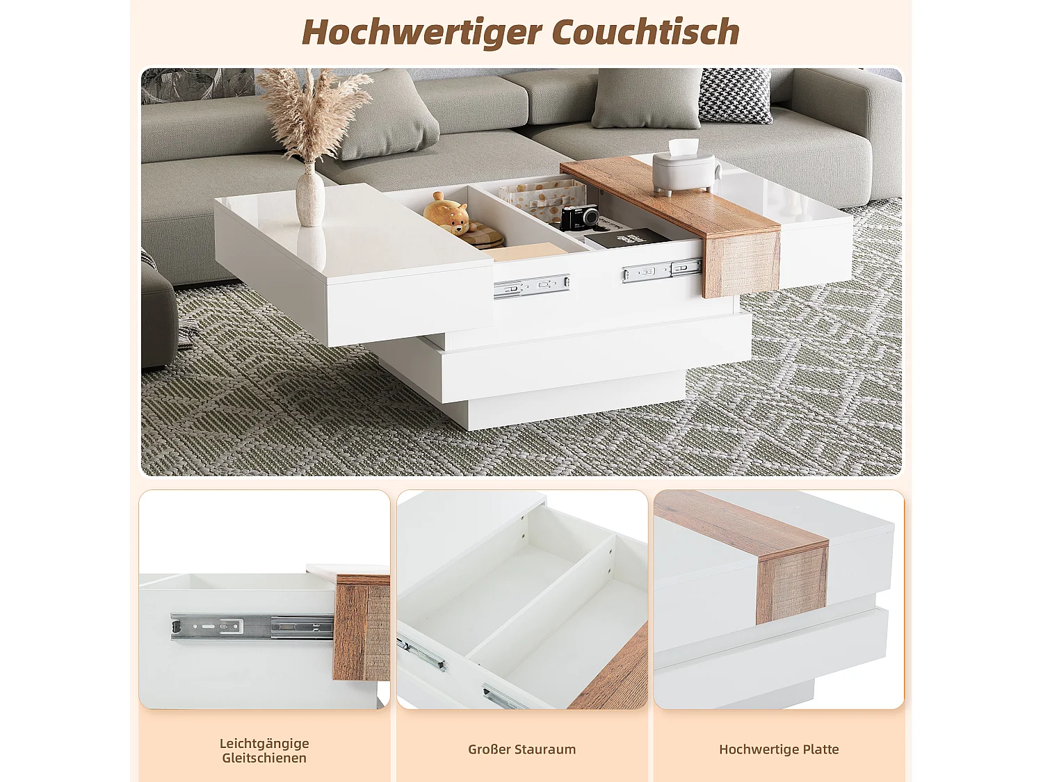 Table basse blanche avec plateau extensible, rangement caché, 2 compartiments, (70x70x39 cm)