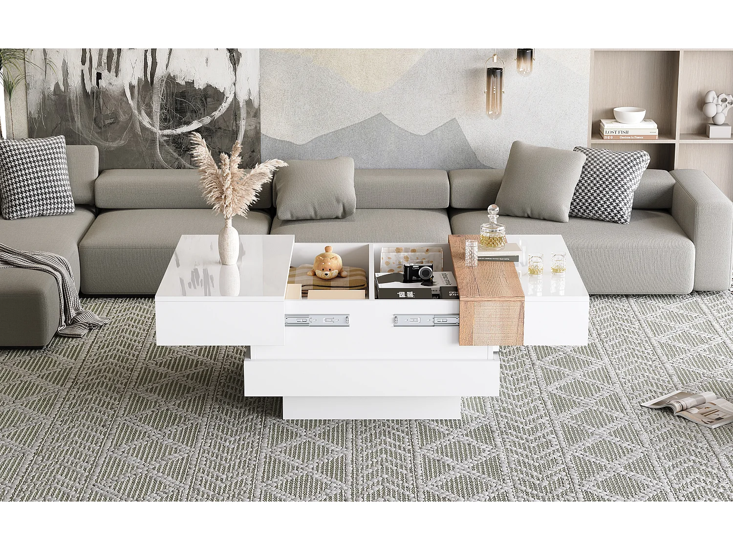 Table basse blanche avec plateau extensible, rangement caché, 2 compartiments, (70x70x39 cm)