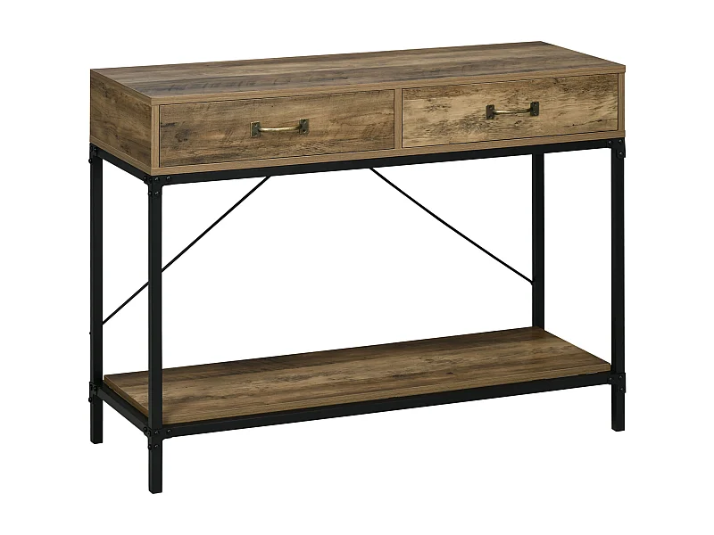 Consoletafel met 2 lades, onderplank, metaal en hout, vintage, zwart en bruin (100x35x76,5 cm)