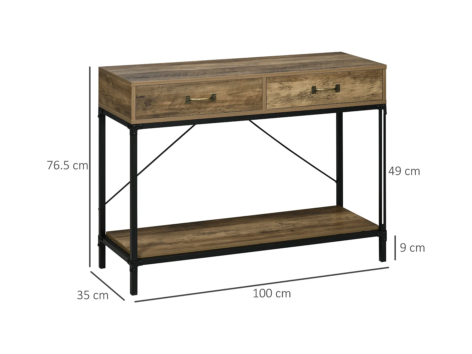 Table console avec 2 tiroirs, étagère inférieure, métal et bois, vintage, noir et brun (100x35x76.5 cm)