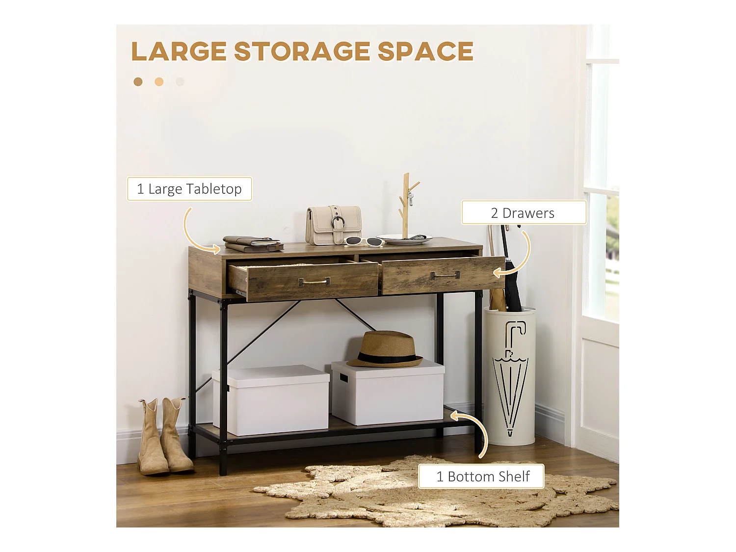 Table console avec 2 tiroirs, étagère inférieure, métal et bois, vintage, noir et brun (100x35x76.5 cm)