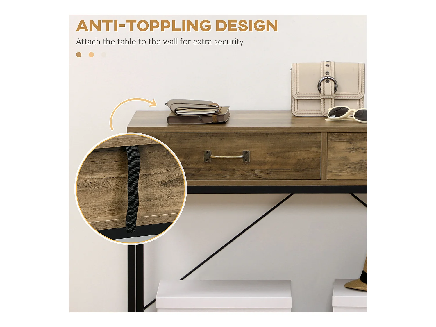 Table console avec 2 tiroirs, étagère inférieure, métal et bois, vintage, noir et brun (100x35x76.5 cm)